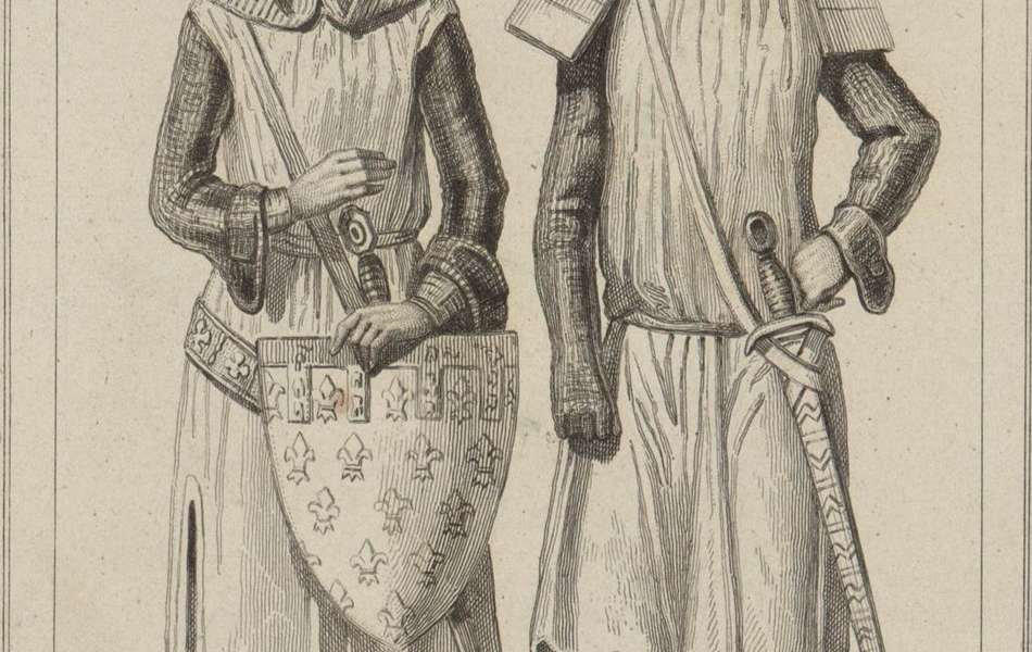 Dessin monochrome représentant deux hommes debout, portant des armes et une tenue de chevalier.