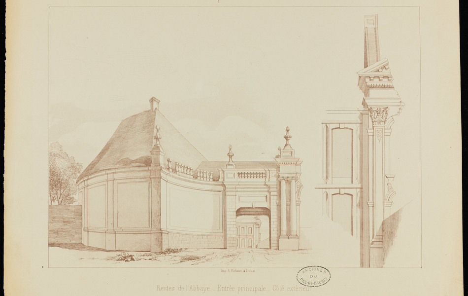 Gravure monochrome montrant une entrée par une porte cochère. 