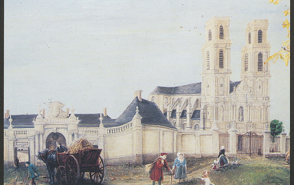 Peinture colorisée montrant des paysans vaquant à leurs occupations devant le portail d'une abbaye.