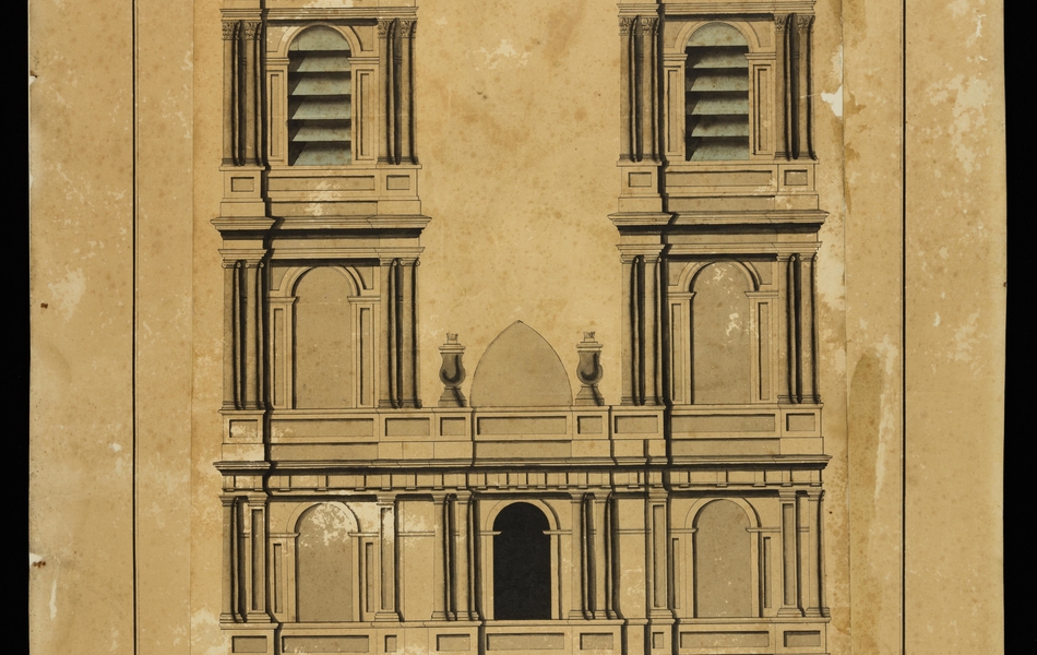 Gravure monochrome montrant les deux tours d'une façade.