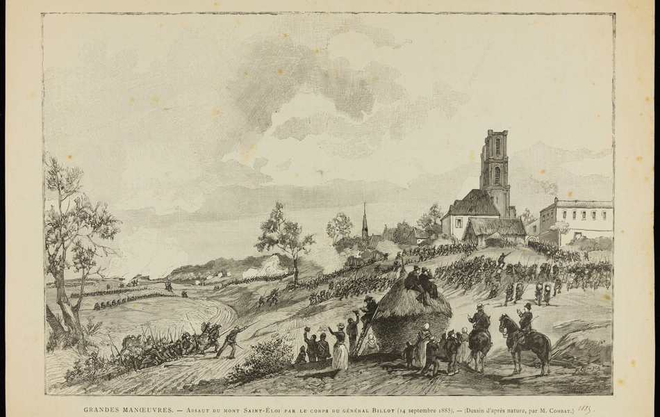 Gravure monochrome montrant des troupes de soldats à l'assaut d'une colline où se trouvent des maisons et les tours d'un bâtiment religieux.
