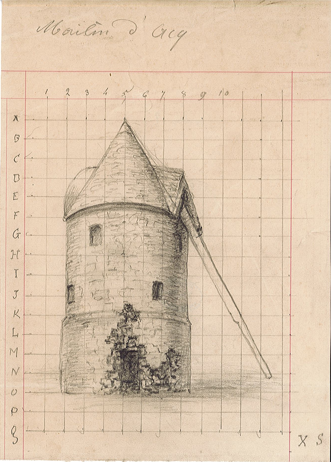 Dessin monochrome montrant un moulin.