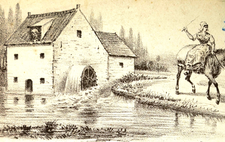 Image monochrome montrant une femme sur un âne devant un moulin.