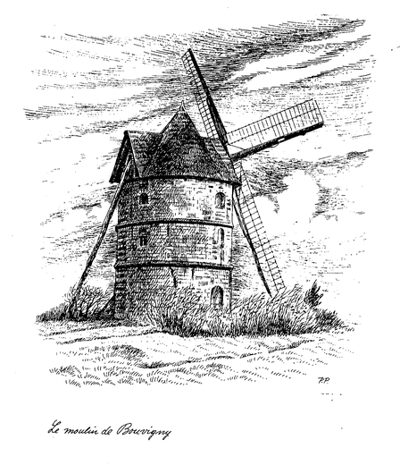 Dessin monochrome représentant un moulin.