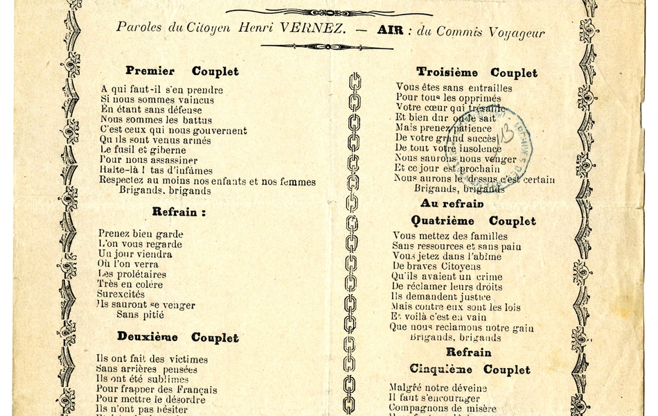 Texte imprimé transcrit ci-contre. En haut est ajoutée cette mention manuscrite "Trouvé par un de mes adjoints entre les mains d'un élève de notre école. H. W"