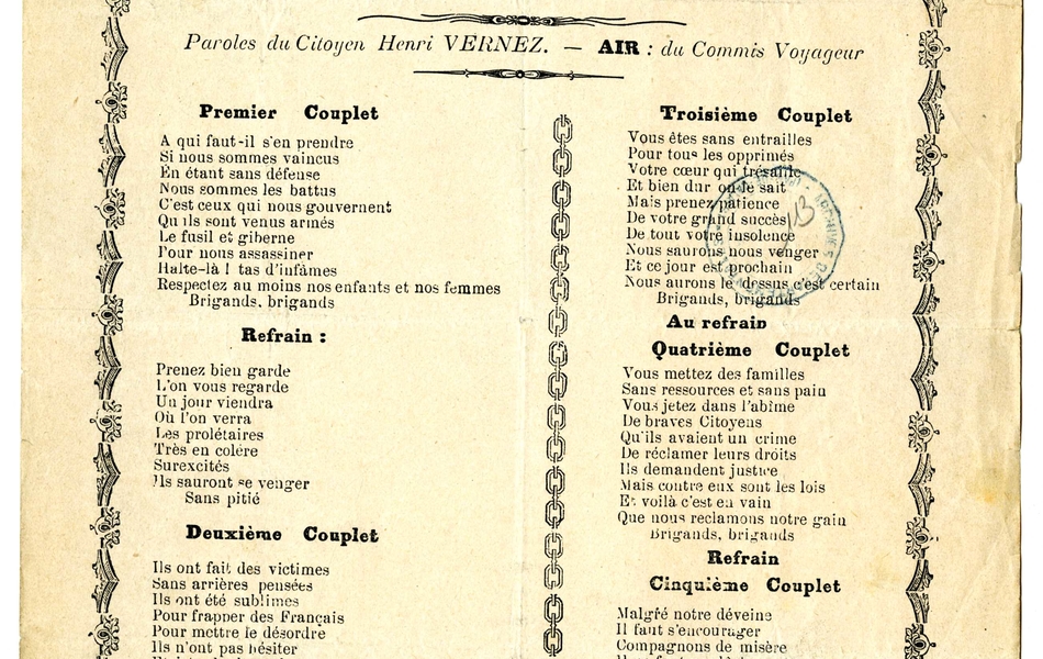 Texte imprimé transcrit ci-contre. En haut est ajoutée cette mention manuscrite "Trouvé par un de mes adjoints entre les mains d'un élève de notre école. H. W"