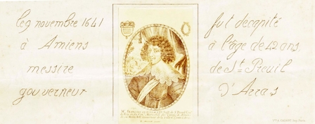 Dessin monochrome sur lequel on voit le buste d'un homme vêtu à la mode de Louis XIII.