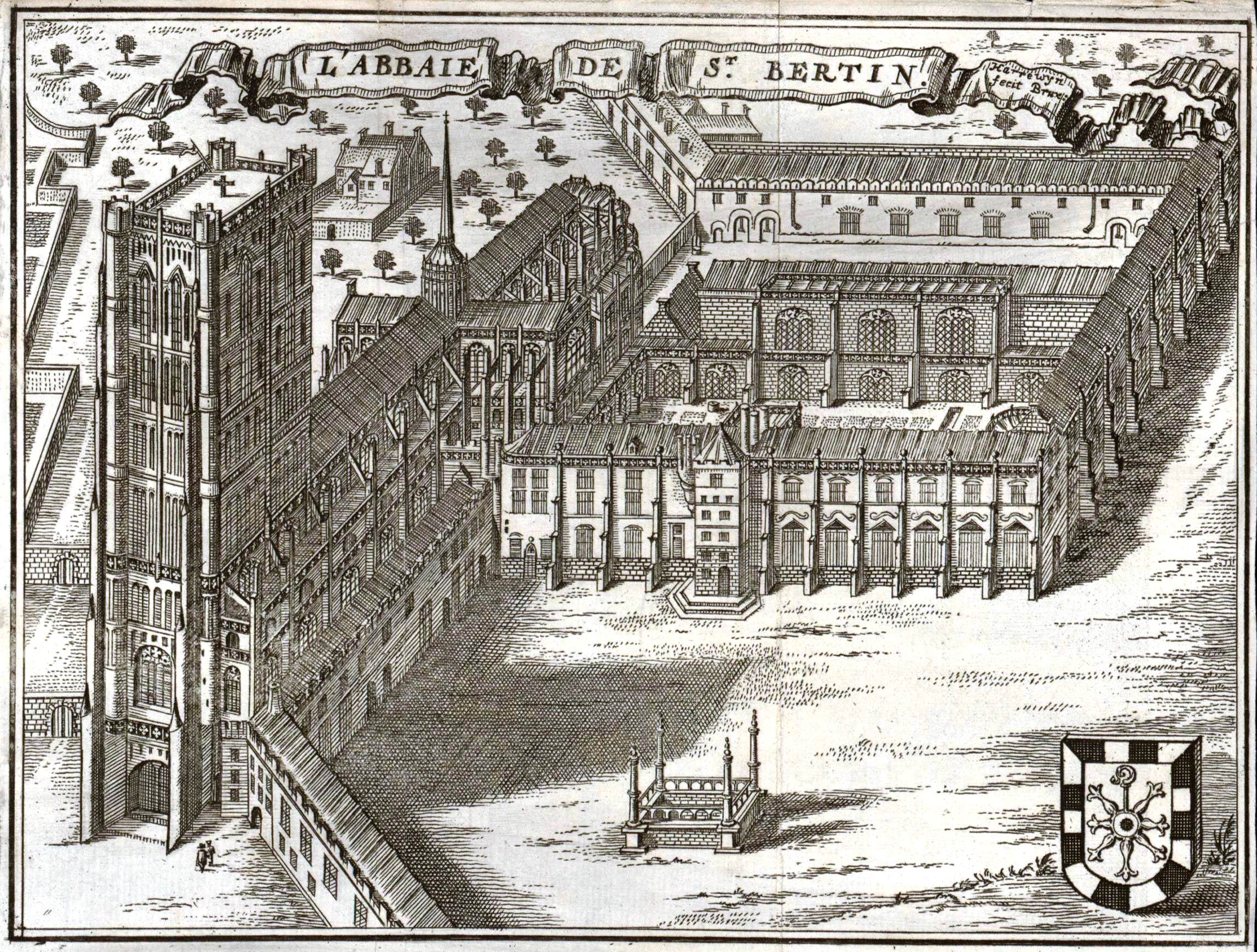 Gravure monochrome d'une abbaye.