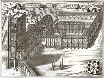 Gravure monochrome d'une abbaye.
