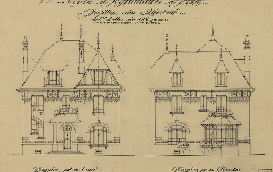 Dessin manuscrit montrant la façade d'une maison.