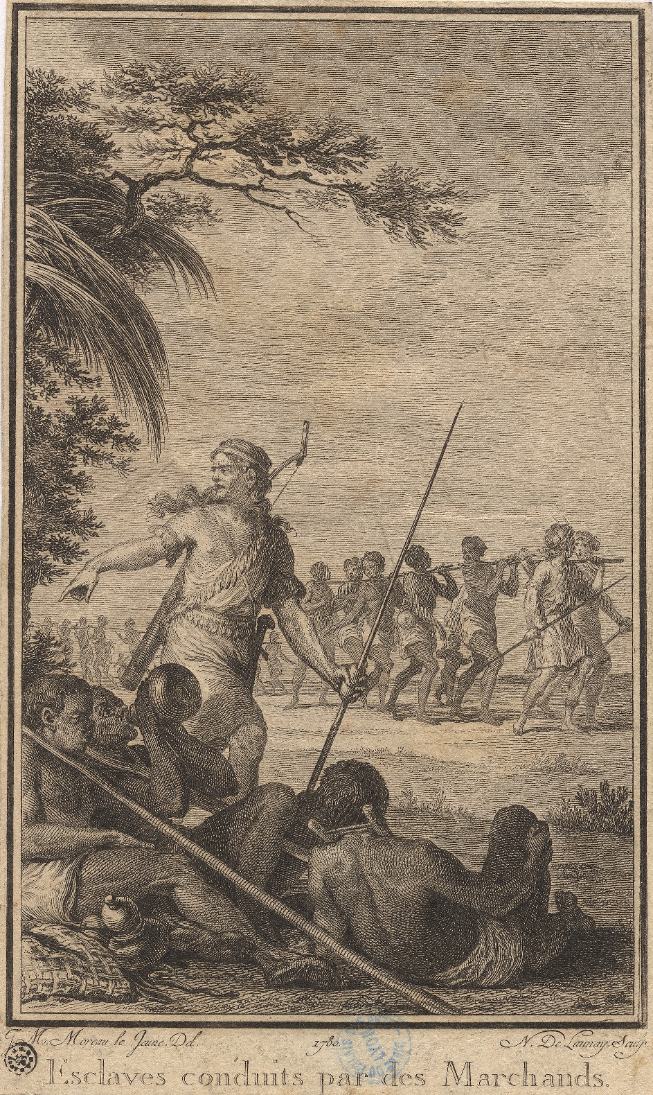 Gravure sépia montrant des hommes noirs enchaînés menés par une homme blanc.