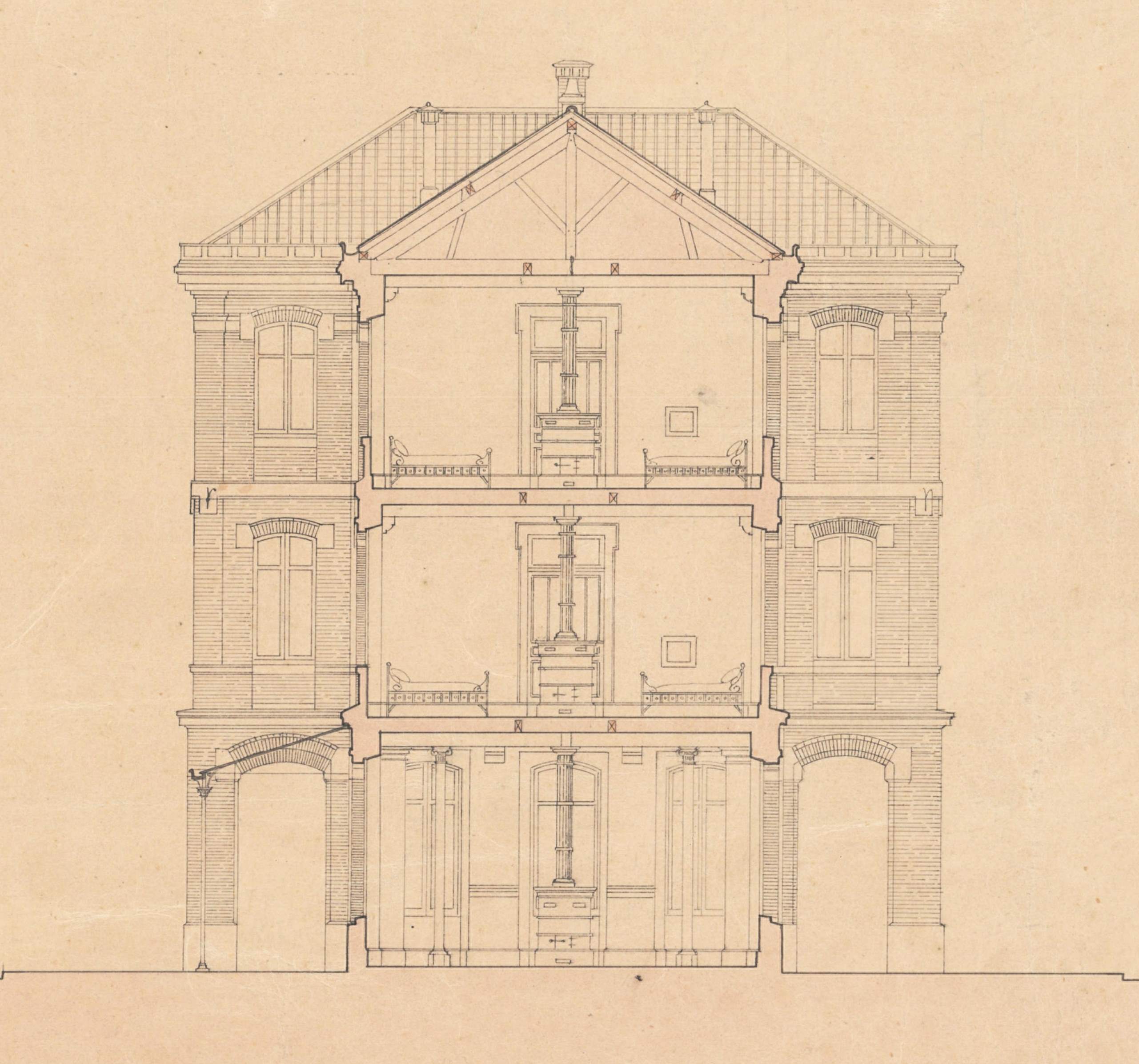 Plan monochrome, vue en coupe de l'intérieur d'un bâtiment.