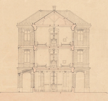 Plan monochrome, vue en coupe de l'intérieur d'un bâtiment.