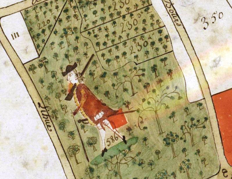 Dessin couleur montrant un chasseur dans un champ.