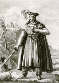 Gravure monochrome montrant un chevalier croisé.