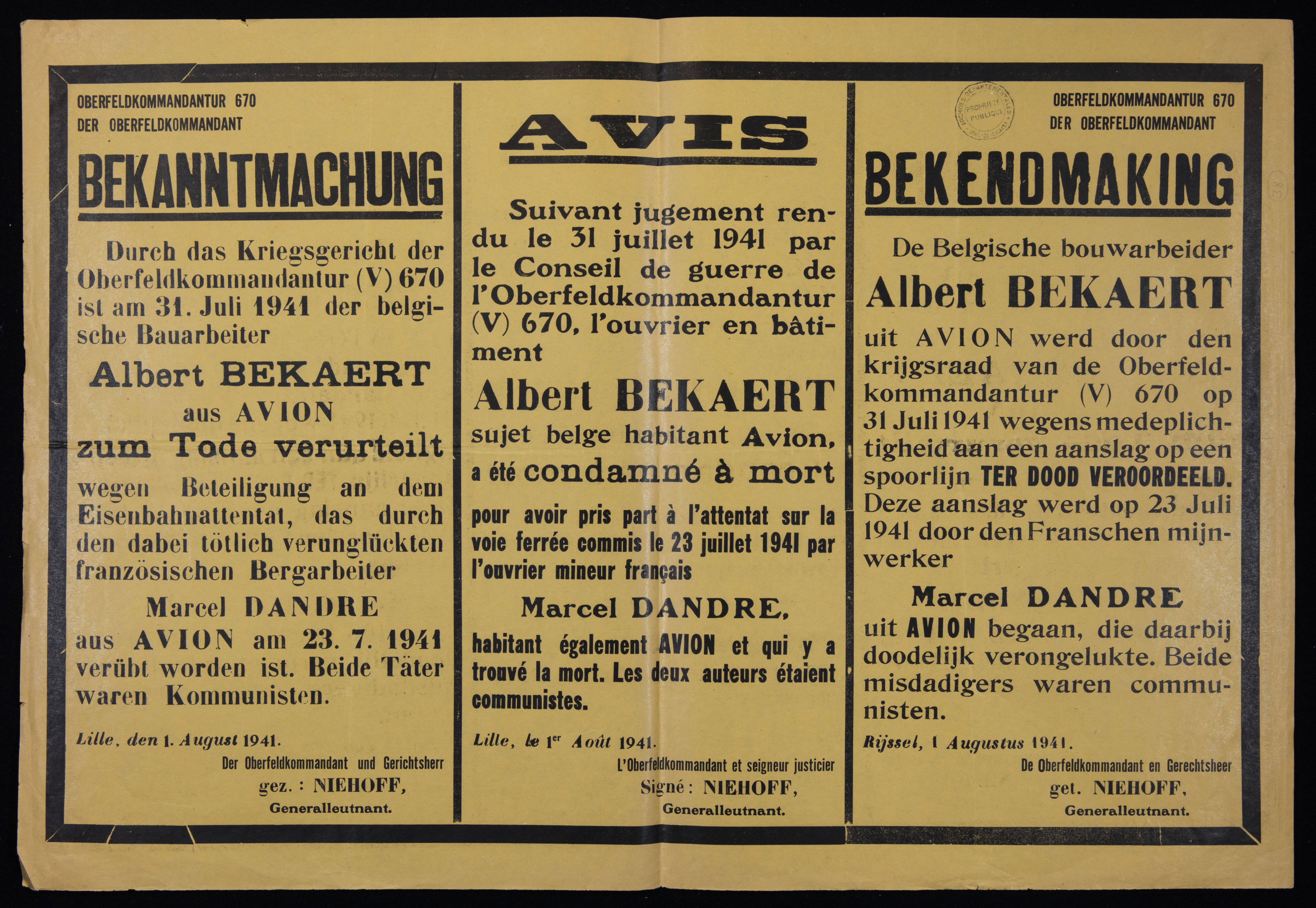 Affiche imprimée écrite en français et en allemand.