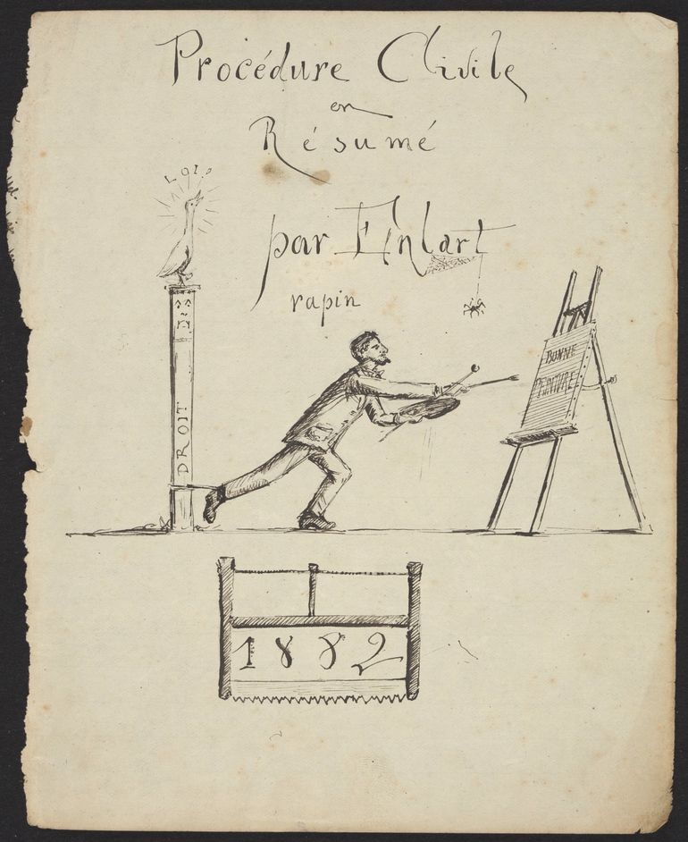 Dessin manuscrit montrant un homme en train de peindre sur un chevalet, tout en ayant le pied accroché à une colonne où est gravé le mot « Droit ».