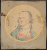 Photographie couleur montrant le buste d'un homme dessiné et colorié au crayon.