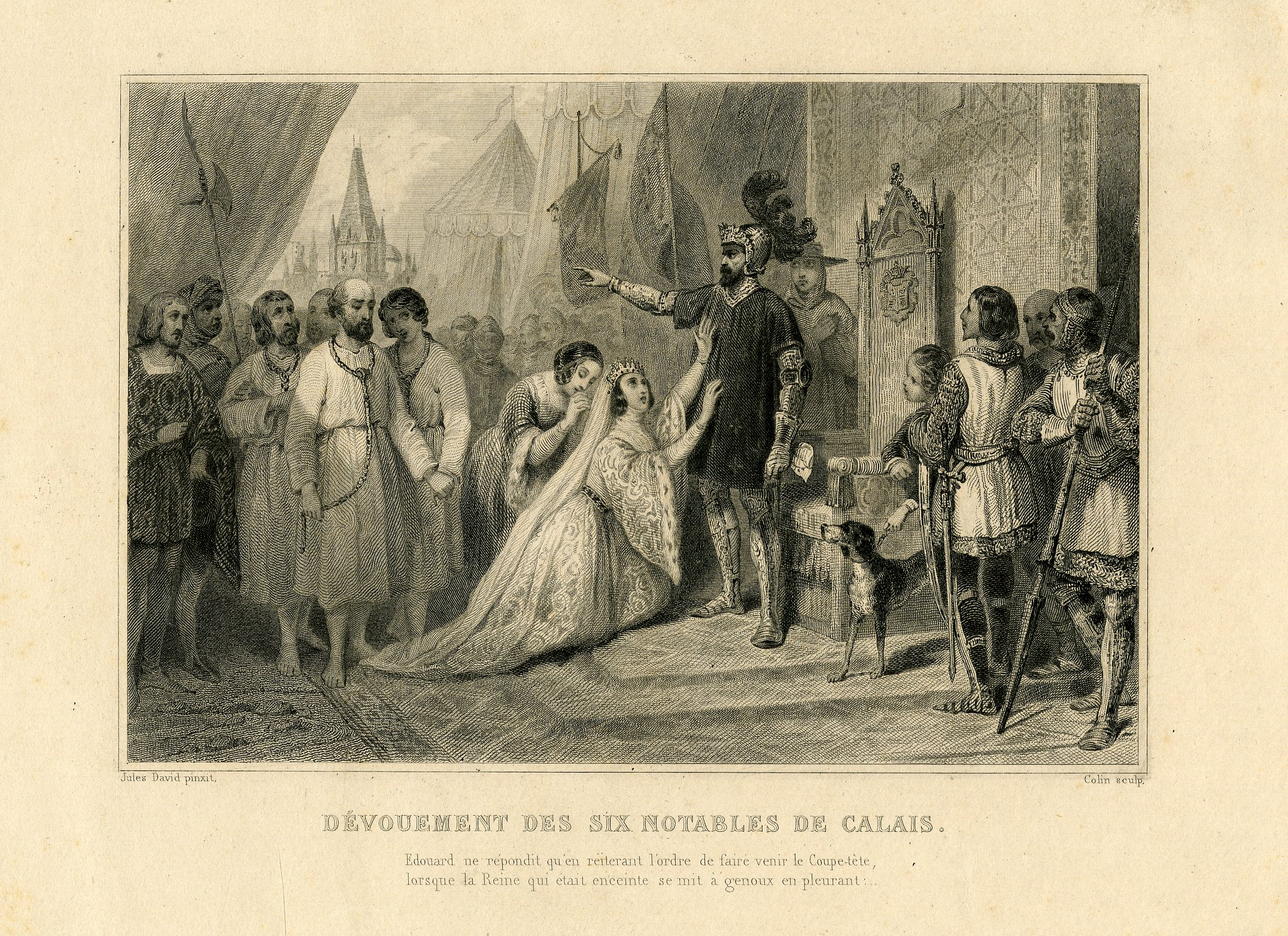 Dessin noir et blanc représentant le roi debout devant son trône, portant un casque et quelques autres éléments d'une armure, levant le bras droit pour donner un ordre. À ses pieds, la reine agenouillée tend ses bras en signe de supplication. Des gardes et une foule entourent des prisonniers en simple robe, une chaîne autour du cou. Derrière, on aperçoit la ville de Calais.