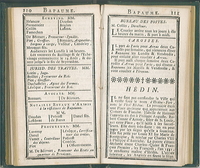 Double page d'un livre imprimé qui donnent les noms des échevins, juges, avocats, notaires et procureurs de Bapaume. Puis viennent les horaires des bureaux de poste et des départ de carrosses. Enfin, une notice sur la ville d'Hesdin.