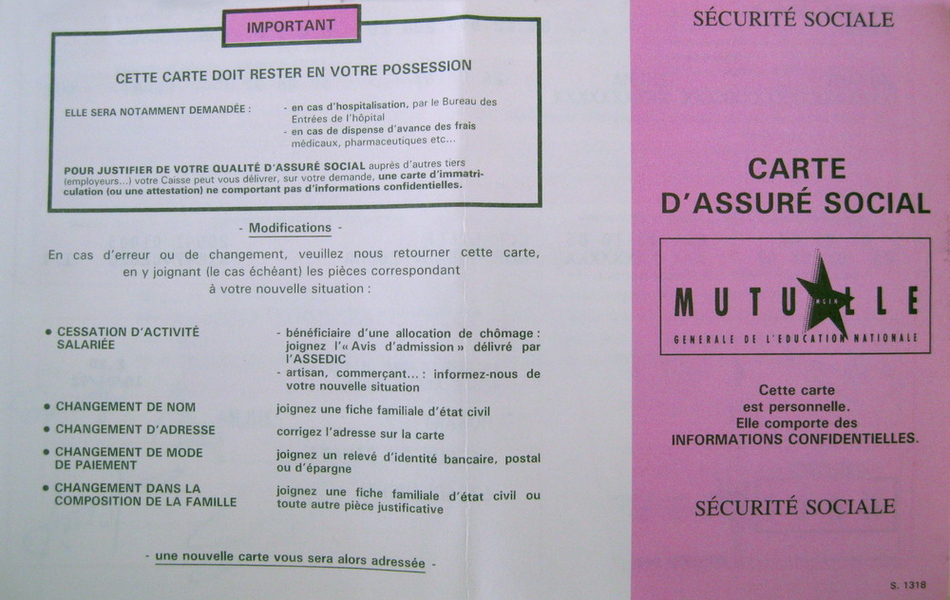 Recto d'un document imprimé sur lequel on lit : "Sécurité sociale. Carte d'assuré social. Mutuelle générale de l'éducation nationale. Cette carte est personnelle. Elle comporte des informations confidentielles".