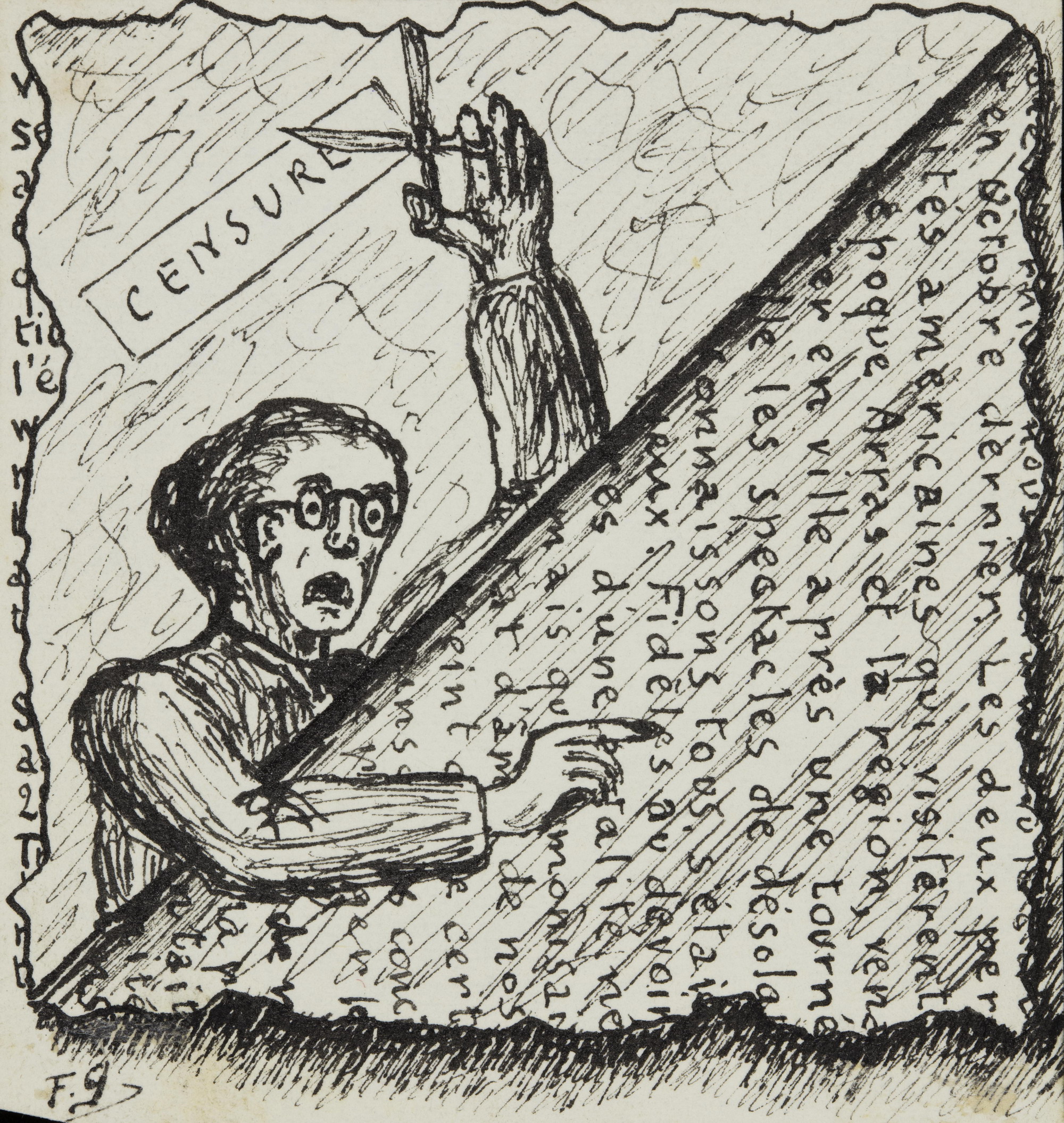 Dessin manuscrit montrant une vieille dame à lunettes hurlant sur un texte qu'elle vient de déchirer et dressant une paire de ciseaux au-dessus de sa tête.