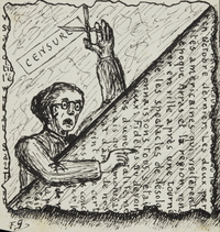Dessin manuscrit montrant une vieille dame à lunettes hurlant sur un texte qu'elle vient de déchirer et dressant une paire de ciseaux au-dessus de sa tête.