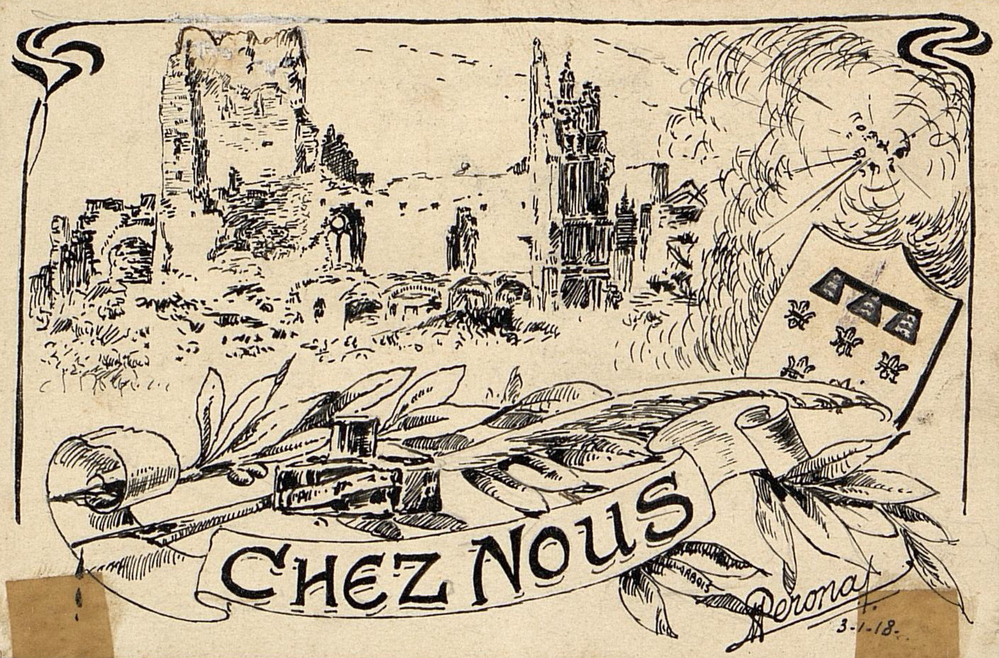 Dessin monochrome montrant des bâtiments en ruines. À leur droite, une explosion. Au premier plan, un encrier et une plume posés sur des lauriers à côté du blason de l'Artois.