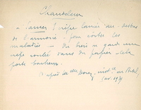Texte manuscrit sur lequel on lit : "Chandeleur. À Samer, une crêpe lancée au-dessus de l'armoire pour éviter les maladies. Ou bien on garde une crêpe roulée dans du papier. Cela porte bonheur. D'après Mlle Dorez, institutrice au Portel, avril 1939".
