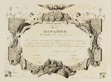 Diplôme surmonté d'un ange tenant les armoiries de la ville de Boulogne-sur-Mer. Il y est inscrit : "Société des amis des arts de Boulogne. Diplôme de membre sociétaire-fondateur. La Société, aux termes des articles 2 et 4 de son règlement, a conféré, dans sa séance du huit juin 1835, le titre de membre sociétaire à M. Hamilton à Boulogne. Boulogne, le 1er août 1843". Signé du secrétaire et du président.