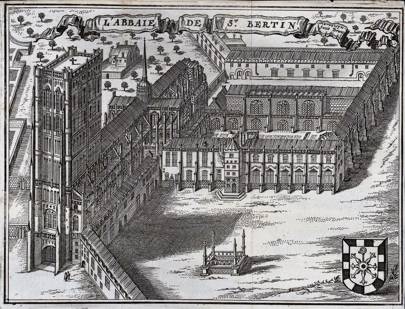 Gravure noir et blanc montrant une abbaye.