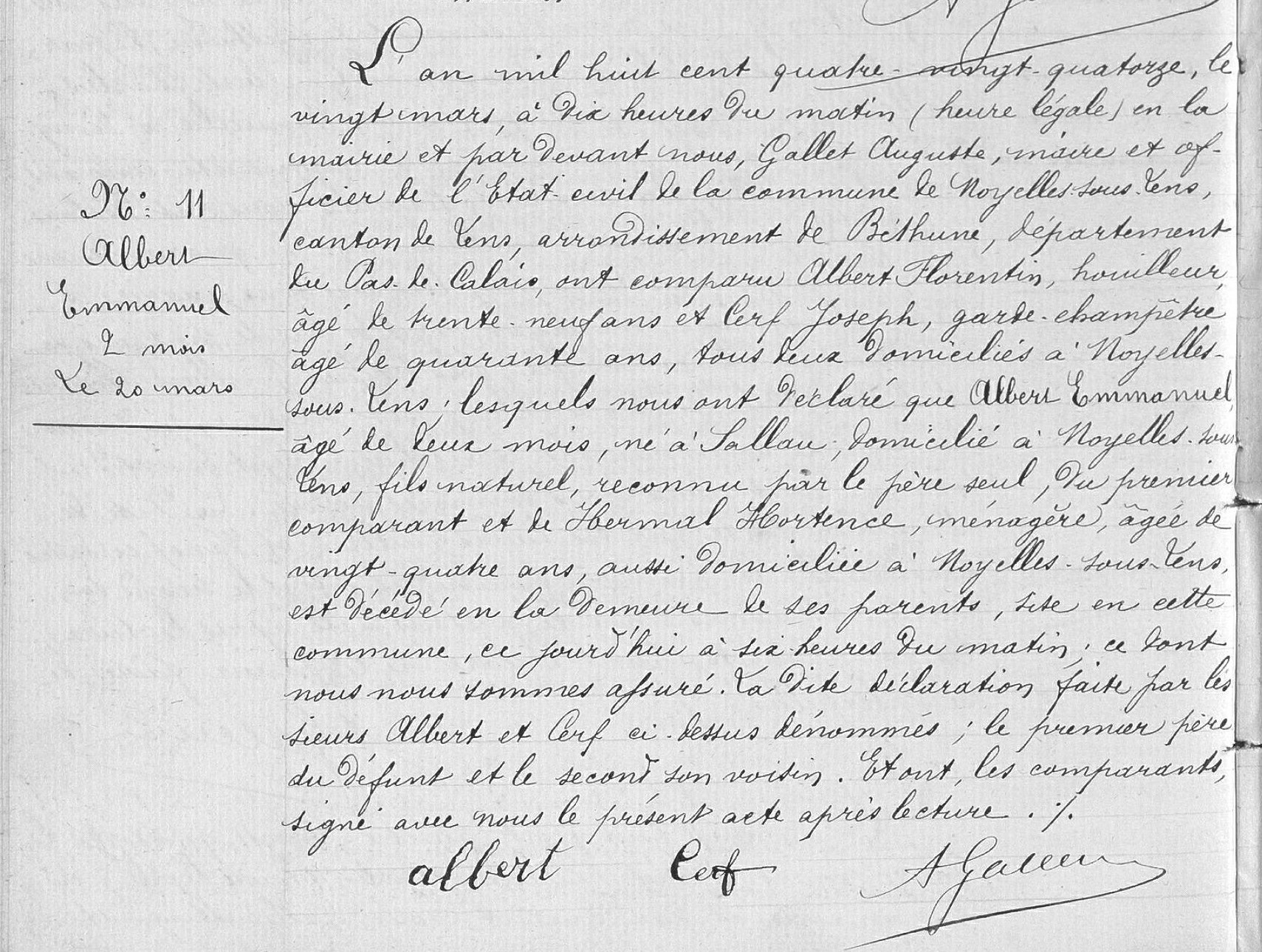 Texte manuscrit transcrivant l'enregistrement du décès d'Emmanuel Albert.