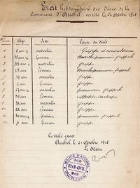 Tableau sur lequel on lit : « État hebdomadaire des décès de la commune d’Auchel, arrêté le 20 octobre 1918 : 6 ans et demi, masculin, grippe et convulsions. 35 ans et demi, féminin, broncho-pneumonie grippale. 49 ans et demi, masculin, grippe. 15 ans, féminin, broncho-pneumonie grippale. 19 ans, masculin, grippe. 2 ans, féminin, grippe. 27 ans et demi, masculin, pneumonie grippale.59 ans, féminin, affection cardiaque.34 ans, masculin, grippe.22 ans, féminin, grippe.30 ans et demi, féminin, pneumonie grippale. 4 ans, féminin, grippe. Certifié exact. Auchel, le 21 octobre 1918. Le maire ».