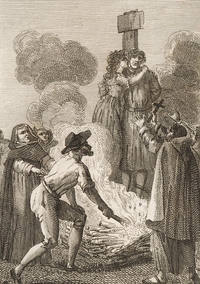 Gravure monochrome montrant un couple enlacés sur un bûcher en feu, face à des prêtres les exhortant devant un crucifix.