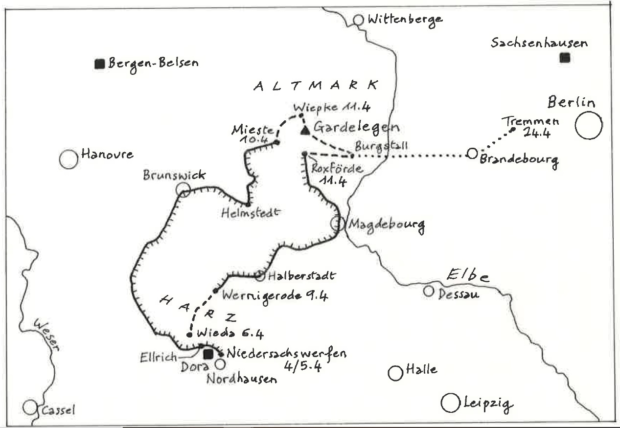 Carte manuscrite représentant des villes allemandes et des camps (dont Dora).