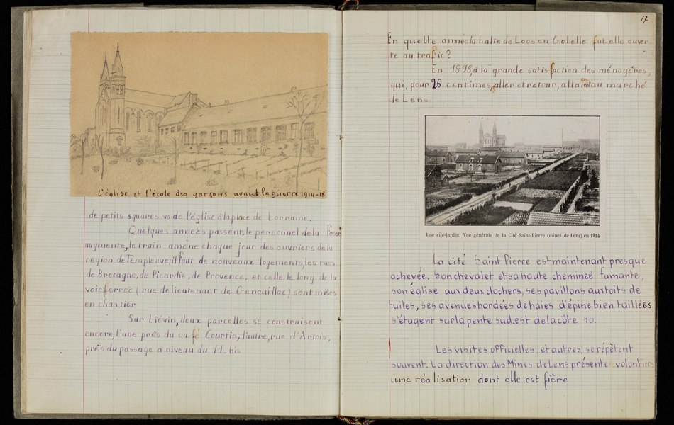 Double page d'un cahier manuscrit retranscrit ci-contre. On y voit aussi un croquis d'une église et d'une école, ainsi qu'une photo d'une cité.