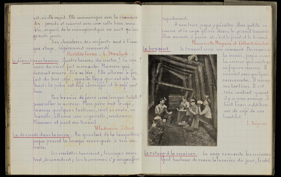 Double page d'un cahier manuscrit retranscrit ci-contre. On y voit aussi la photo de mineurs en train de manger dans une galerie.