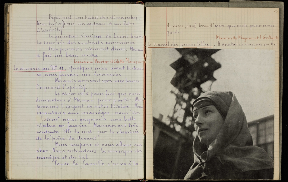 Double page d'un cahier manuscrit retranscrit ci-contre. On y voit aussi une photographie d'une femme devant un chevalet de mine.