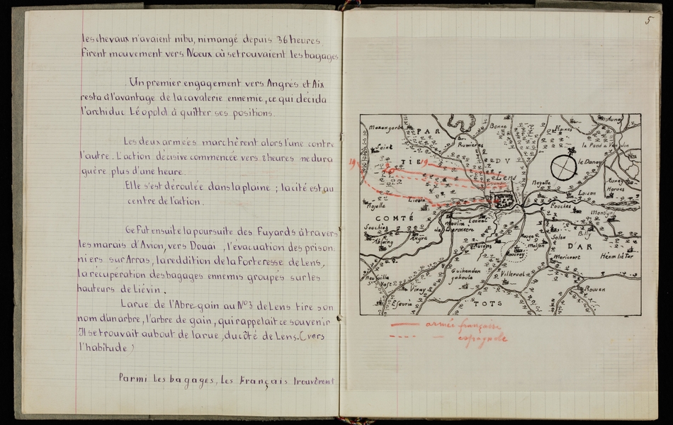 Page manuscrite d'un cahier retranscrite ci-contre. On y voit aussi un plan de la région.