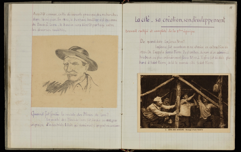 Pages d'un cahier manuscrit retranscrit ci-contre. On y voit aussi le portrait crayonné d'un mineur et une photo montrant des mineurs travaillant dans une galerie.