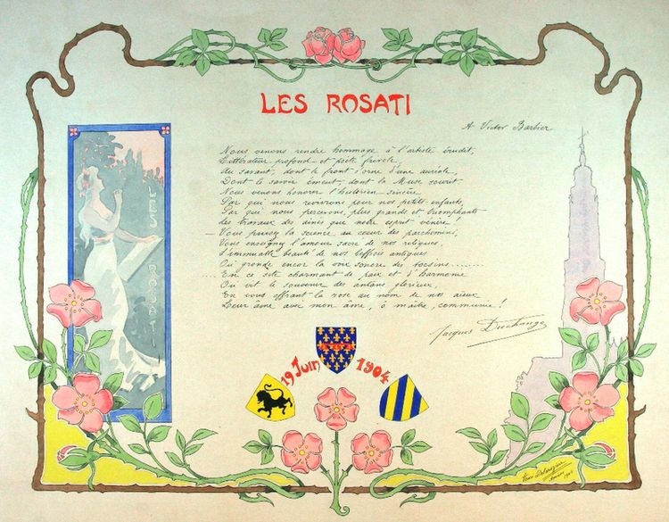Diplôme en couleurs comprenant un texte au milieu encadré d'une guirlande d'aubépines et de roses, d'une silhouette de clocher à droite et d'une femme tenant un livre à gauche. En bas, trois blasons entourent la date.