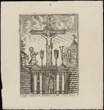 Gravure noir et blanc de Jésus crucifié. À sa droite, une femme agenouillée lui tend des béquilles, à sa gauche, un homme agenouillé également prie. La croix repose sur un ensemble architectural composé d'un arc. Derrière on aperçoit une tour.