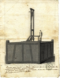 Gravure noir et blanc d'une guillotine montée sur un échafaud. En-dessous, on lit l'annotation "Pour éviter que le tranchoir ne s'ébrêche, il faut avoir soin de ne laisser tomber le mouton de toute sa hauteur que pour l'exécution. Il faut aussi avoir l'attention, avant l'exécution, de décrocher la corde du mouton pour qu'il soit entièrement libre dans sa chute".