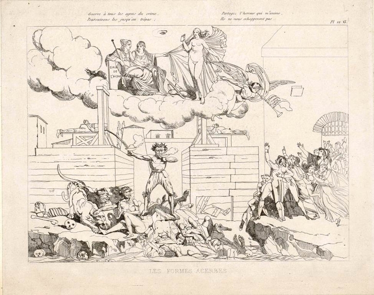 Gravure noir et blanc montrant Joseph Lebon entre les deux guillotines d'Arras et de Cambrai, buvant le sang s'écoulant des guillotinés, debout sur un amas de corps désarticulés et entouré d'ossements et de fauves. À sa gauche, un flot de personnes sort d'une porte de prison, implorant un groupe de trois déesses antiques sur un nuage dans le ciel. Un ange ailé souffle dans une trompette portant un fanion sur lequel on lit "9 thermidor, humanité, justice, vertu", tandis qu'une des déesses est accoudée sur une plaque où est inscrit "droits de l'homme".