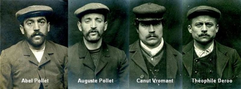 Montage de quatre photographies noir et blanc des bustes d'Abel et Auguste Pollet, Canut Vromant et Théophile Deroo.