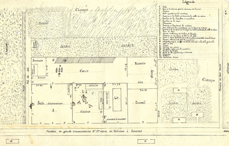 Plan manuscrit et annoté de la maison et des terres des époux Lenglemetz.