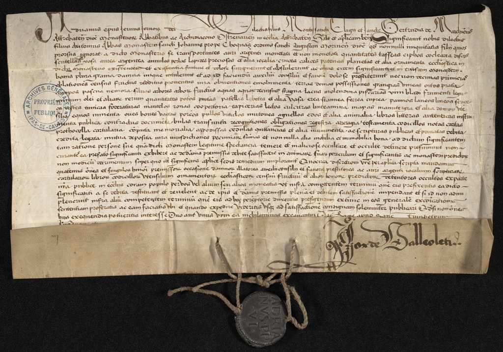 Parchemin manuscrit en bas duquel est appendu un sceau rond en plomb.
