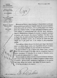 "Ministère de l’Intérieur. Circulaire n° 13. Paris, le 17 mars 1853. Monsieur le préfet, depuis longtemps le Gouvernement se préoccupe des inconvénients qui résultent de l’inégalité relative des ressources médicales sur les divers points de la France, et de ce qu’elles peuvent avoir d’insuffisant dans certaines localités. La haute sollicitude de l’Empereur pour la santé publique, et particulièrement pour celle des classes laborieuses, impose à l’Administration l’obligation de chercher à connaître exactement la situation, afin de pouvoir plus sûrement l’améliorer. C’est dans ce but, et d’après l’avis du comité consultatif d’hygiène publique, qu’ont été dressés les modèles de tableaux ci-joints, que je vous prie de vouloir bien faire remplir avec le plus grand soin, et me renvoyer le plus promptement possible. Trois tableaux distincts devront être fournis pour chaque département, savoir : un tableau (A) par canton ; une récapitulation (B) par arrondissement, et un résumé numérique (C) pour l’ensemble du département. En tête du tableau A, qui se répétera pour chaque canton, on devra écrire le nom du canton, le chiffre total de sa population d’après le dernier recensement, l’indication de son étendue en kilomètres carrés ; le nombre de communes dont il se compose. Viennent ensuite six colonnes destinées à recevoir les données statistiques pour chaque canton. Une ligne de ce tableau est affectée à chaque docteur en médecine, officier de santé, pharmacien et sage-femme, et, en regard de leurs noms, doivent être indiqués, dans autant de colonnes séparées [...]"