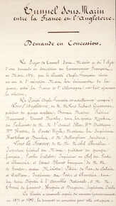 Texte manuscrit sur lequel on lit : "Tunnel sous-marin entre la France et l’Angleterre. Demande en concession. Le projet de tunnel sous-marin a été l’objet d’une demande en concession au gouvernement français, en mars 1870, par le Comité anglo-français réuni en vue de l’exécution. Mais les événements de la guerre entre la France et l’Allemagne ont fait ajourner la solution. Le Comité anglo-français est actuellement composé..."