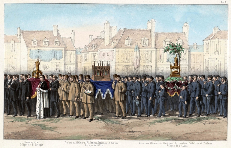 Lithographie couleur montrant une procession composée de différentes corporations portant les reliques de leur patron.